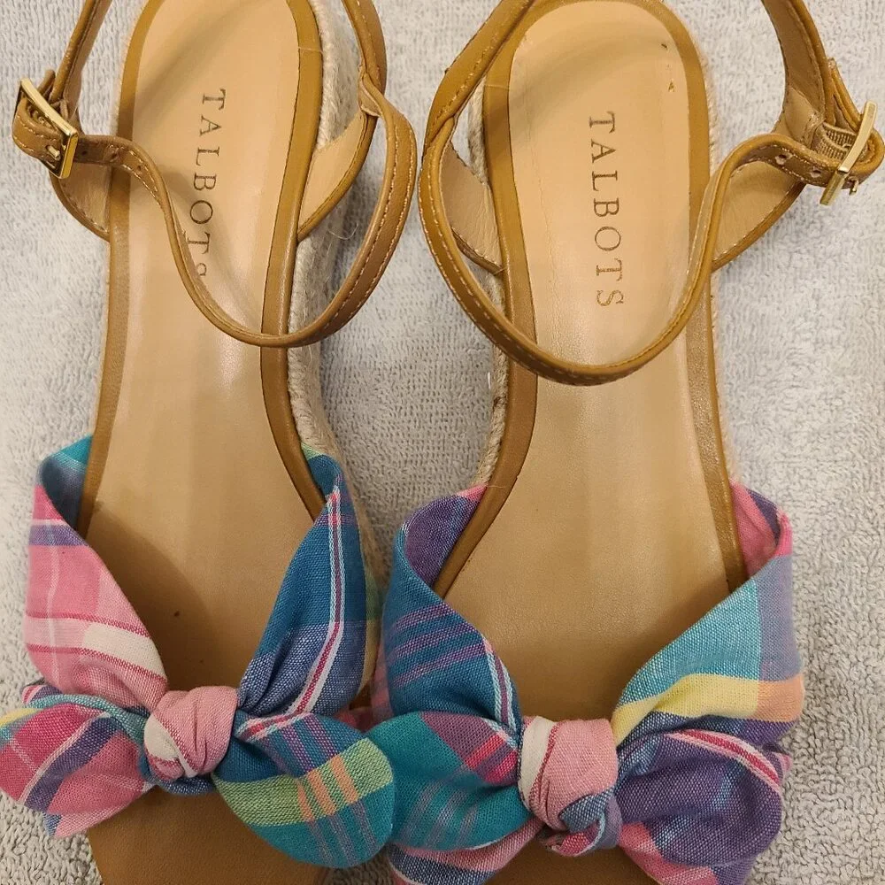 TALBOTS PAMELA TWIST PLAID ESPADRILLE WEDGES IN MADRAS PLAID